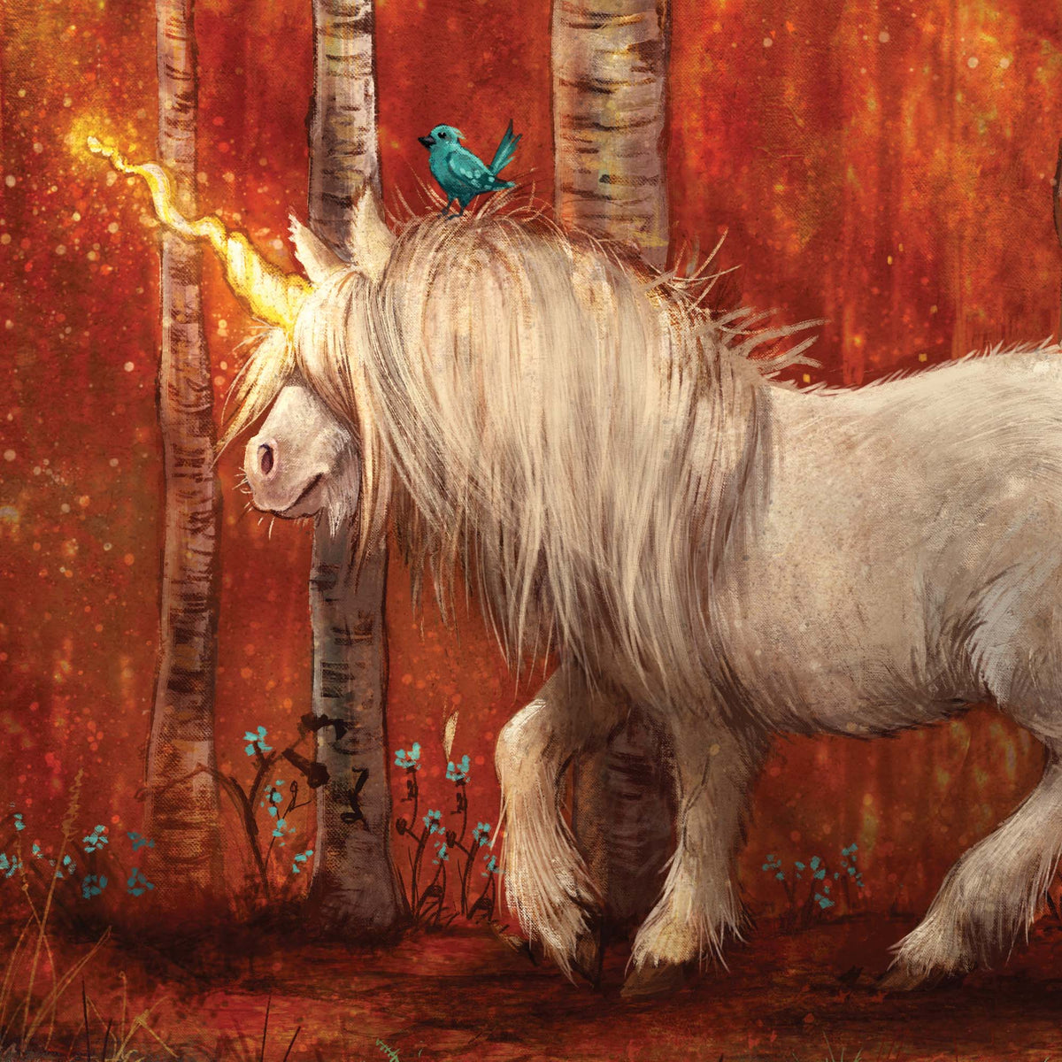 A fantasy-style painting of a white horse-like creature with a long cream mane walking through a warm orange-red forest, with a small blue bird perched on its back and a glowing yellow light near its head.