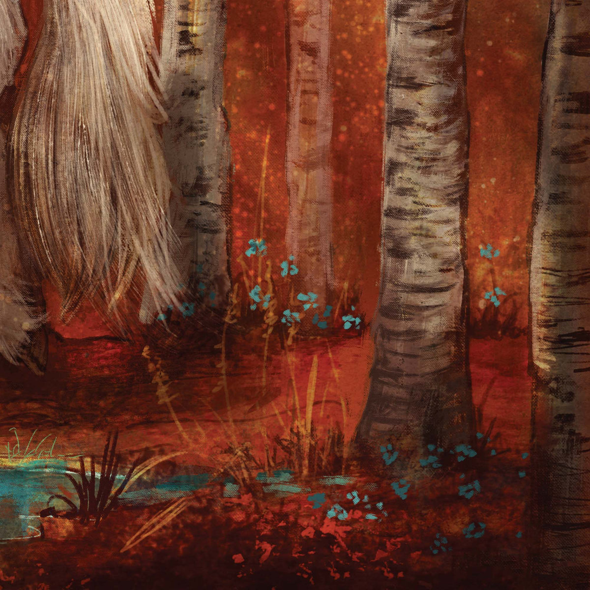A close-up of a textured painting depicting a forest scene with birch trees, a small stream, and blue flowers, with a large white furry element on the left.