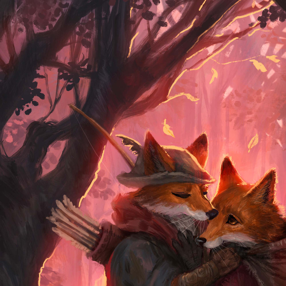 Digital art illustration of two foxes in fantasy attire, one wearing a hat and holding a bow, embraced by the other fox, set against a warm pink and orange forest background with a large tree.
