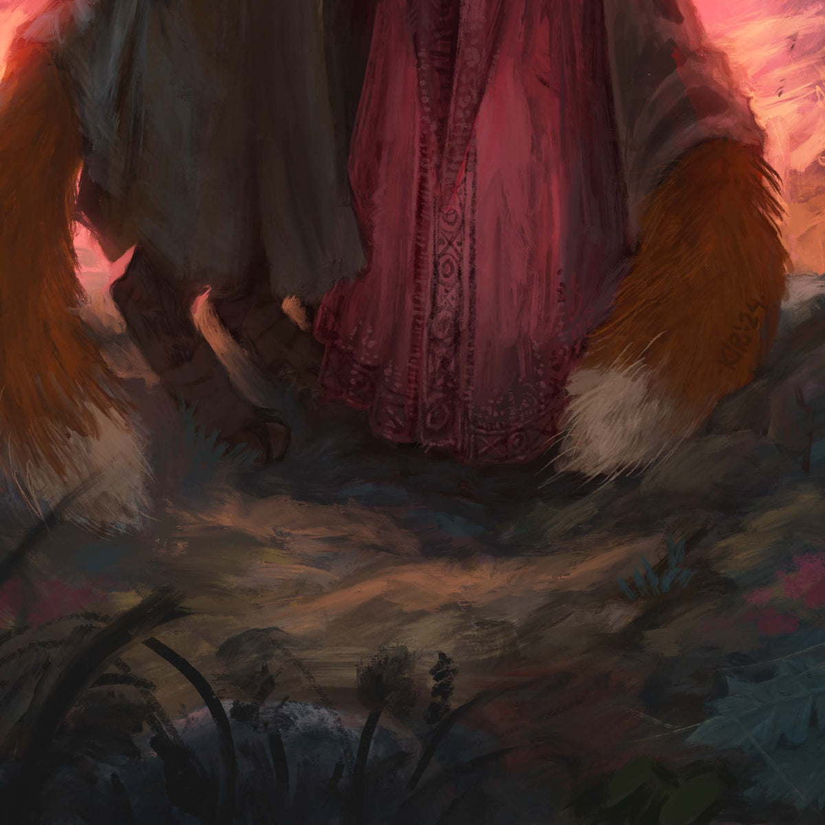 Fantasy illustration of a creature's lower body wearing a pink patterned tunic and brown fur-trimmed garments, standing in a dark forest path at sunset.