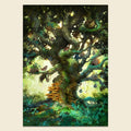 A vertical fantasy art print depicting a large, gnarled tree with glowing green and blue foliage, mushrooms on its trunk, and small creatures hanging from its branches, shown against a light beige background.
