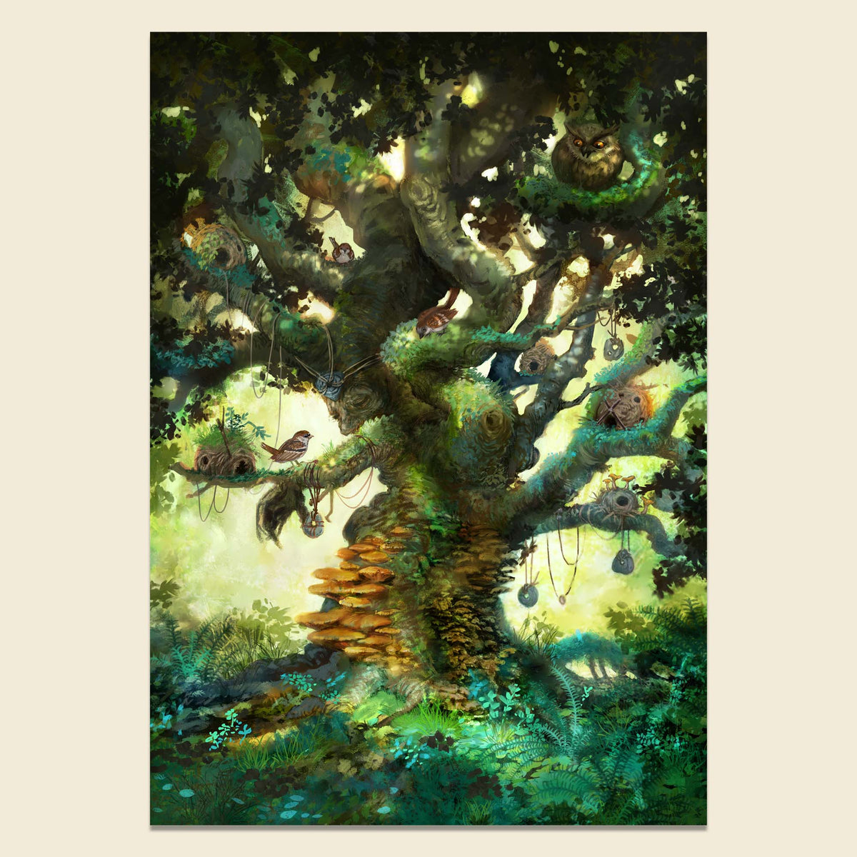 A vertical fantasy art print depicting a large, gnarled tree with glowing green and blue foliage, mushrooms on its trunk, and small creatures hanging from its branches, shown against a light beige background.