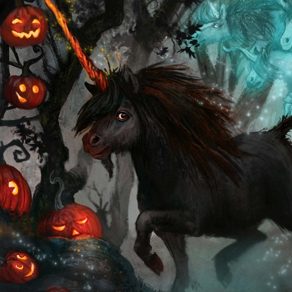 Halloween fantasy artwork showing a dark black unicorn with a glowing orange horn running through a spooky forest scene with carved pumpkins and a pale blue ghostly figure in the background.