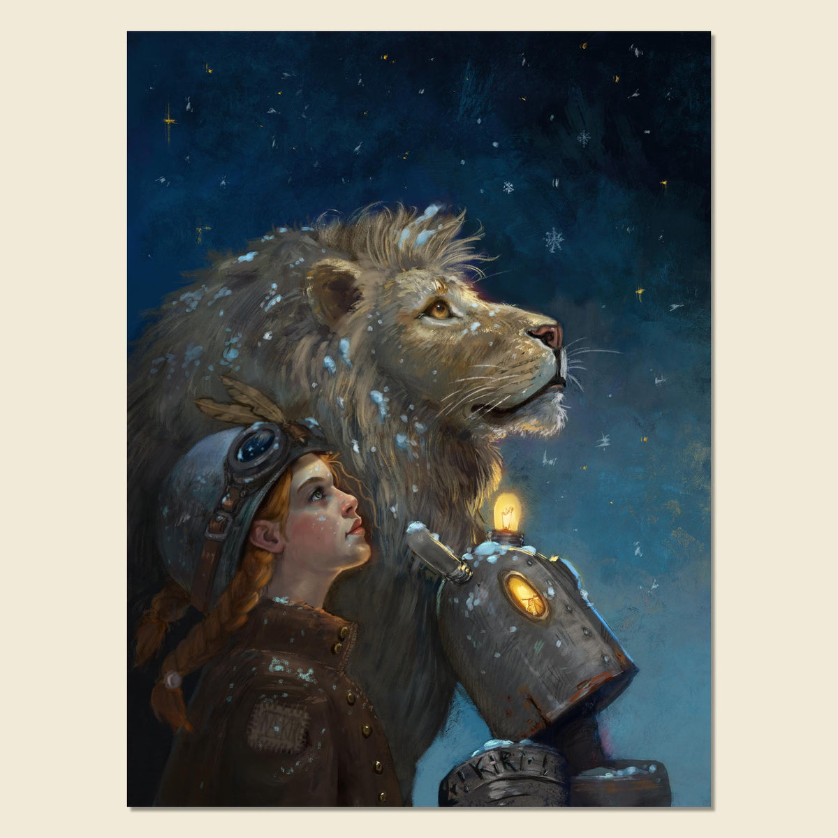 A fantasy-style artwork showing a lion and a child in winter clothing under a snowy night sky, with a small glowing robot-like figure beside them. The artwork is presented as a centered print or canvas against a light beige background.