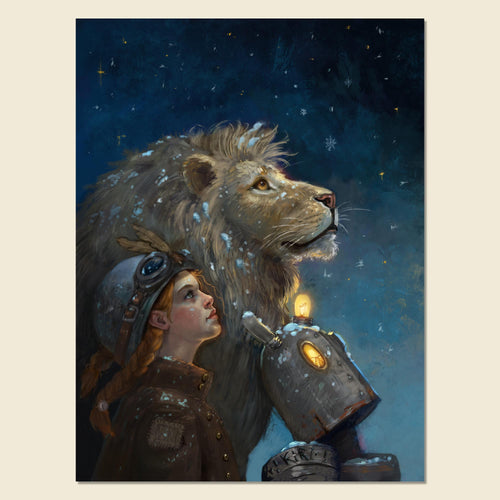 A fantasy-style artwork showing a lion and a child in winter clothing under a snowy night sky, with a small glowing robot-like figure beside them. The artwork is presented as a centered print or canvas against a light beige background.