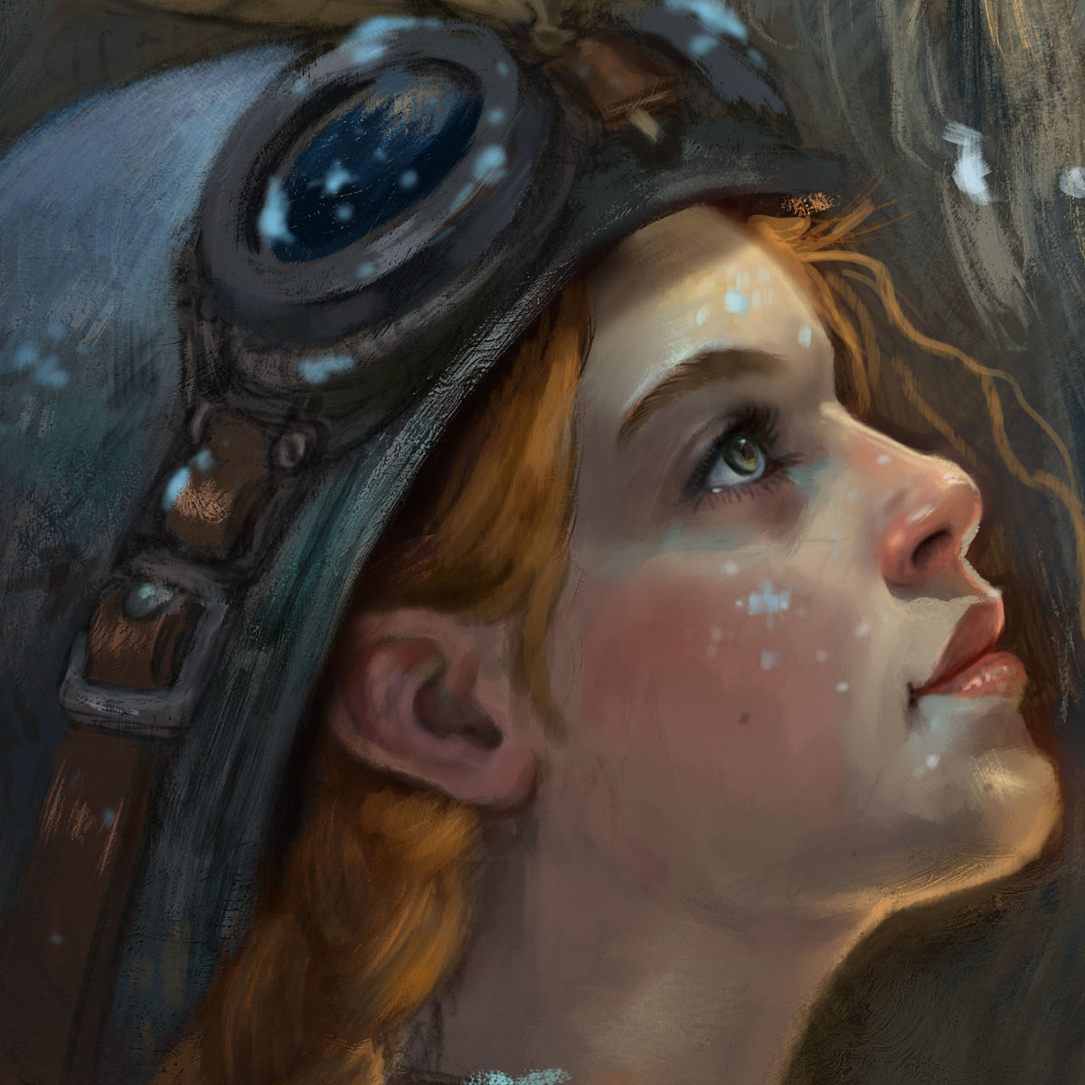 Digital painting of a young woman with red hair wearing a steampunk-style aviator helmet with goggles, looking upward in a snowy, atmospheric scene.