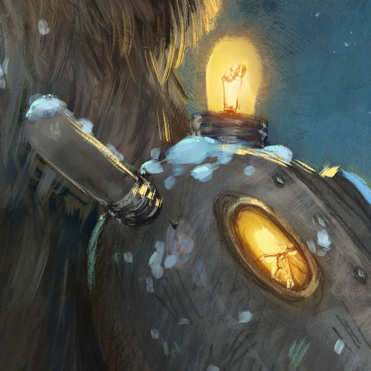 A stylized painted close-up of a dark metallic object with glowing warm yellow light openings and scattered pale blue snow-like accents, set against a dark brown and blue background.