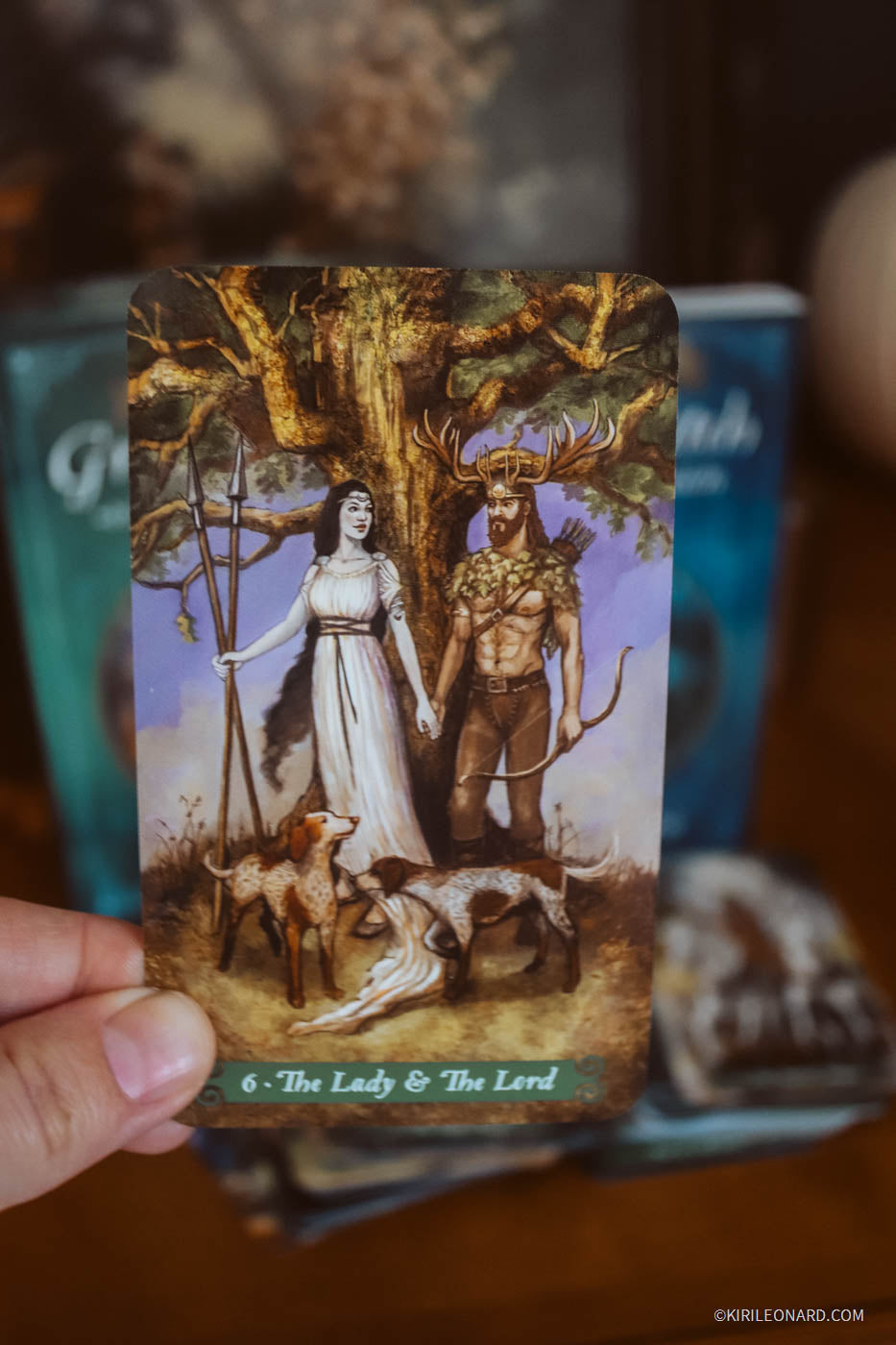 A hand holds a tarot card titled '6. The Lady & The Lord' from the Kriole Leonard Oracle deck.