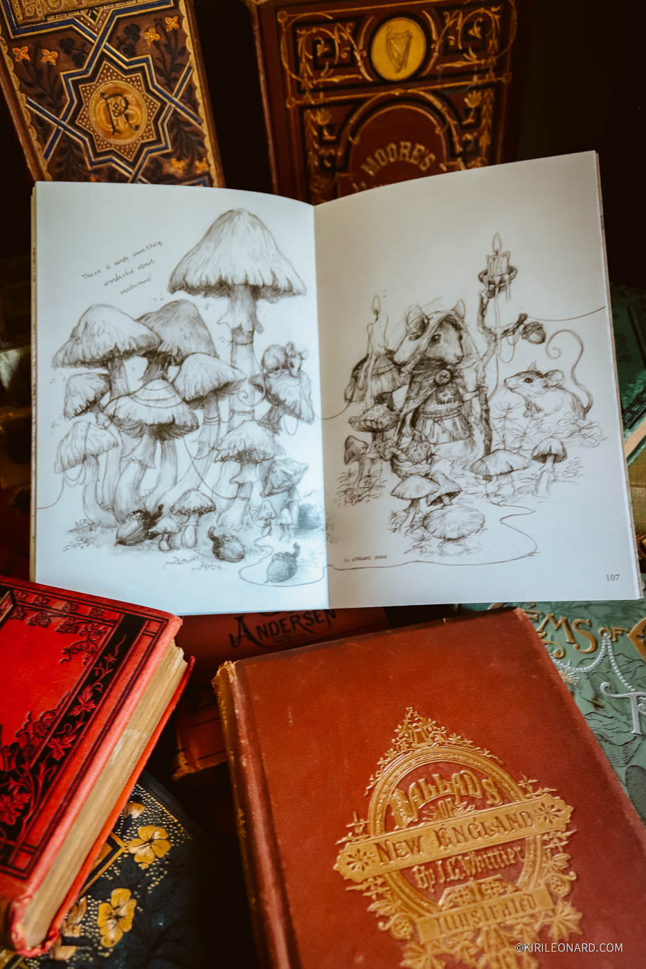 An open sketchbook with detailed black ink drawings, surrounded by vintage red and gold-bound books.