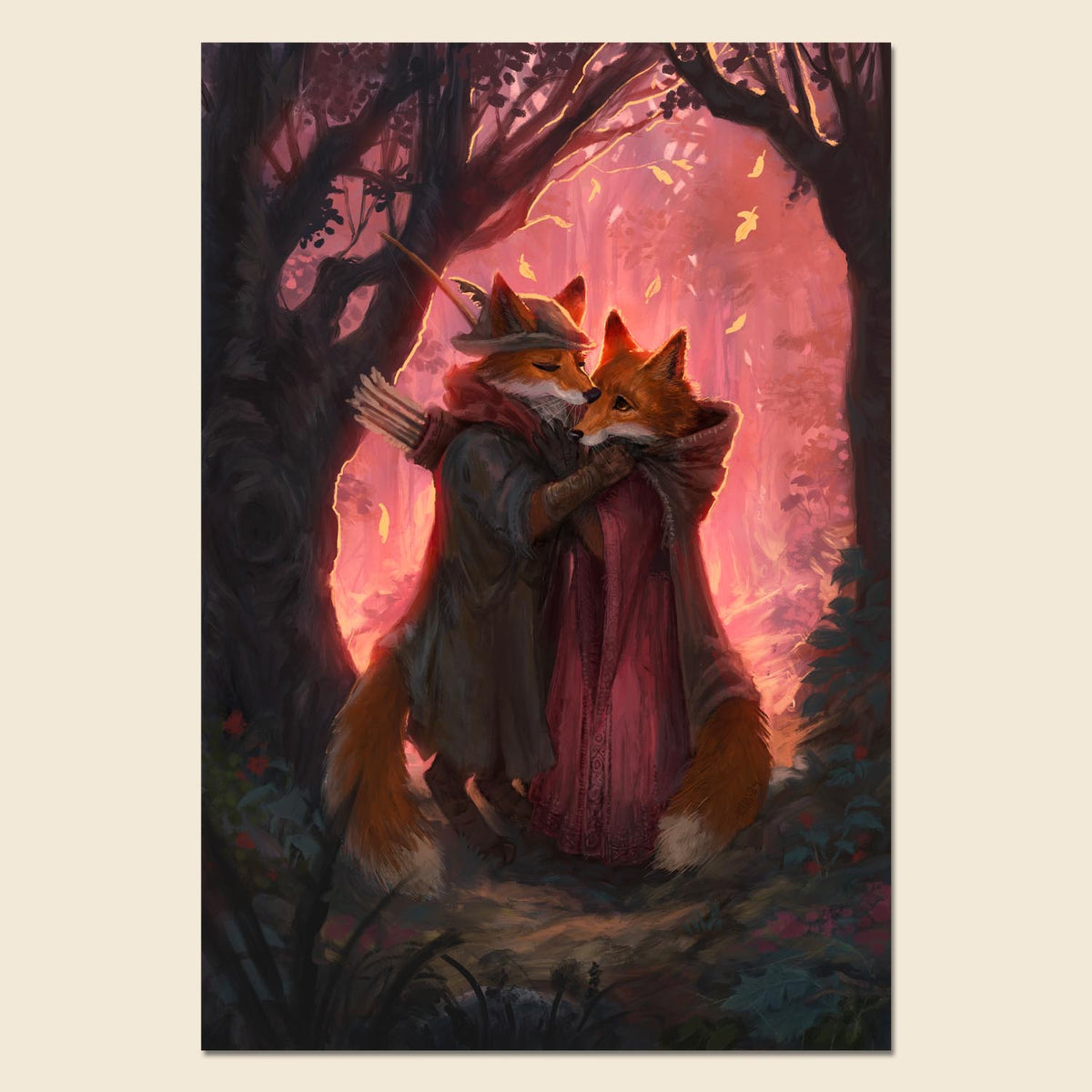 A vertical art print depicting two foxes embracing in a glowing forest. One fox wears a hat and coat with a bow on its back, and the other wears a red cloak.