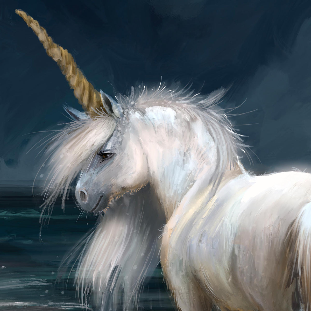 A painted unicorn with a long cream-white mane and horn, shown in profile against a dark blue-gray background.
