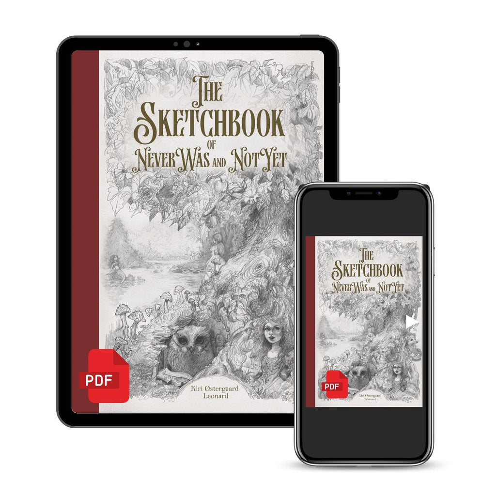 Digital preview of 'The Sketchbook of NeverWas and NotYet' by Kiri Oestergaard Leonard, shown on a tablet and smartphone screen with a red PDF icon, on a white background.