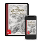 Digital preview of 'The Sketchbook of NeverWas and NotYet' by Kiri Oestergaard Leonard, shown on a tablet and smartphone screen with a red PDF icon, on a white background.