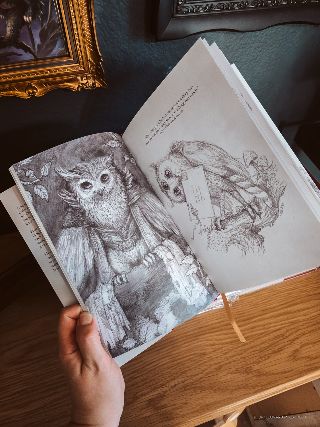 An open book held by a hand, showing detailed pencil-style illustrations of owls on the pages, photographed over a wooden table with framed wall art in the background.