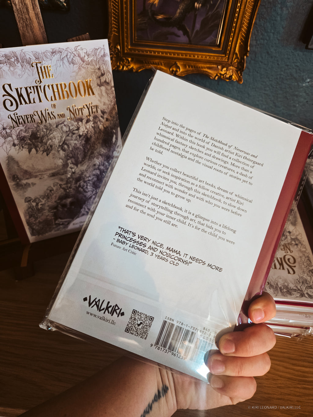 A hand holds the back cover of a book in a plastic sleeve, with the front cover of 'The Sketchbook' visible on the left. The setting includes a wooden table and a framed picture in the background.