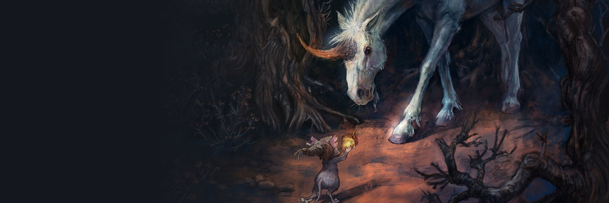 Fantasy artwork depicting a small figure with a glowing yellow headlamp facing a large white horse or goat-like creature in a dark forest clearing.