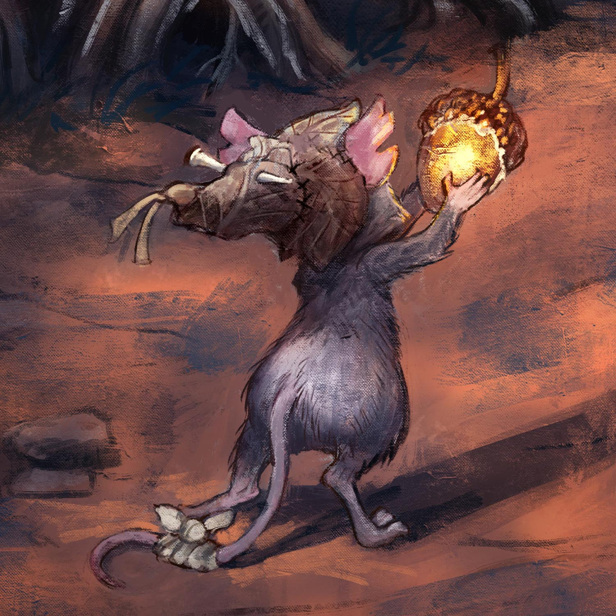 A stylized fantasy illustration of a gray mouse standing on its hind legs and holding a glowing, spotted mushroom in one hand, set against a dark, earthy background.