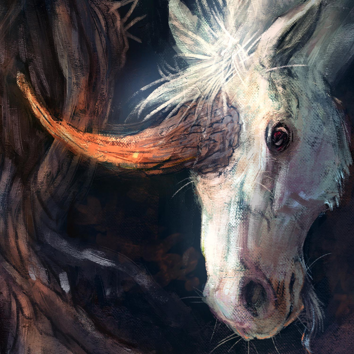A close-up painted portrait by Danish artist Kiri Leonard of a white unicorn, painted in dark, moody tones with a bright light shining from behind its ears against a shadowy background.
