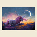 A fantasy art print depicting a white unicorn with a vibrant pink mane and tail resting under a crescent moon and starry night sky, set against a light beige background.