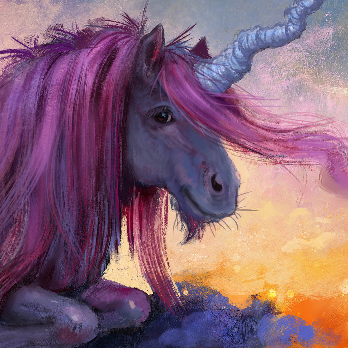 A stylized fantasy painting of a unicorn with a flowing magenta-purple mane and horn, set against a soft pastel sky in purple, pink, and orange tones.