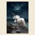 A vertical fantasy art print depicting a white unicorn standing in shallow water under a starry night sky with a glowing moon, shown against a light beige background.