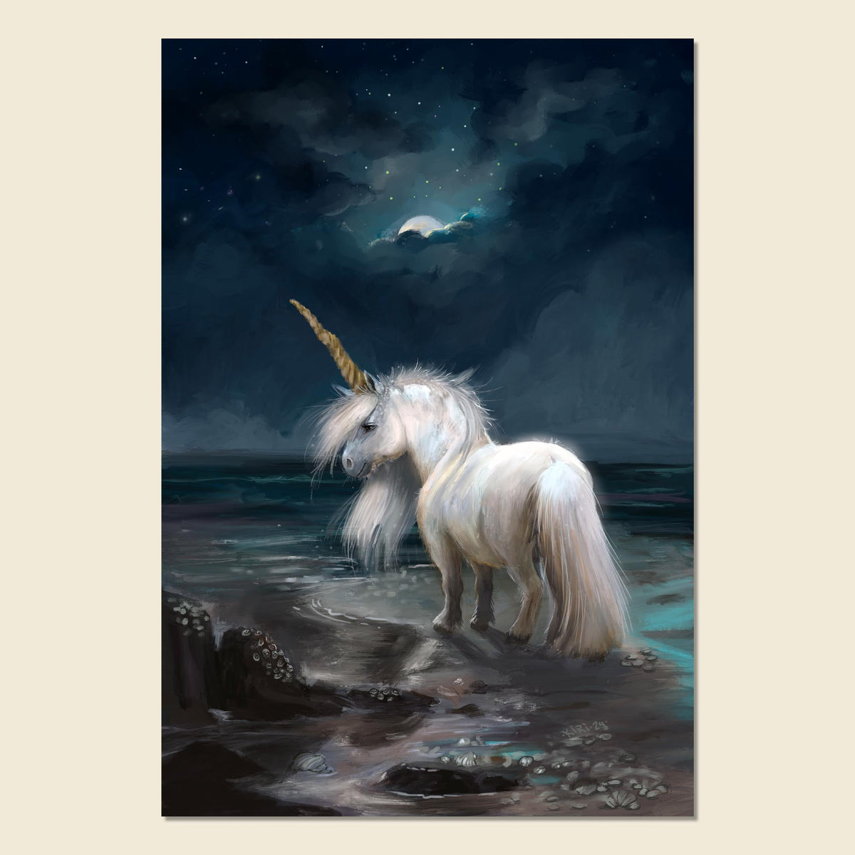 A vertical fantasy art print depicting a white unicorn standing in shallow water under a starry night sky with a glowing moon, shown against a light beige background.